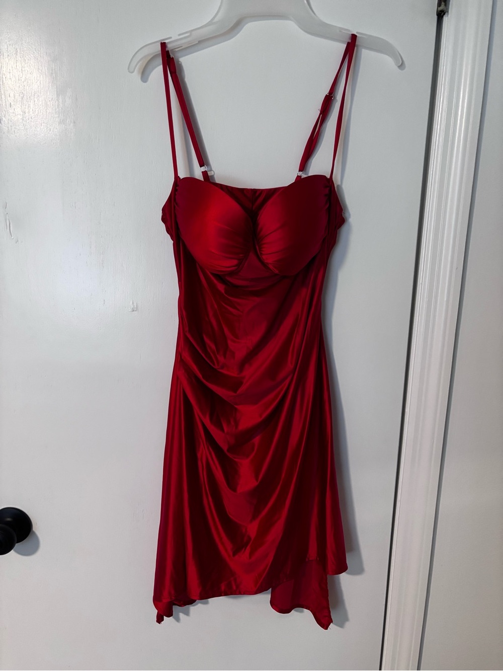 Red Satin Slip Chemise with Built-In Cups